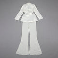 Elegant Beaded pearls blazer pants set Suits women flower white slim blazer +Sexy Mesh See Through sequin Trousers two-piece set