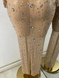 Sparkly Rhinestone Women Sexy Mesh See Through Floor Length Long Sleeve Birthday Dress Party Nightclub Stage Wear