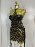 Sexy Sparkly Diamonds Black Mesh Transparent Top Dress Two Piece Set Women Evening Party Celebrate Birthday Photo Shoot Wear
