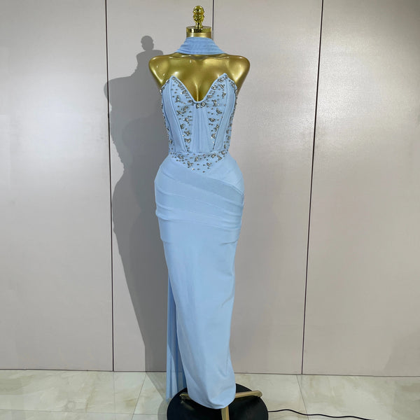 Women Evening Party Prom Luxury Birthday Wedding Guest Dresses Sexy Shiny Crystals Beading Strapless Bodycon Long Bandage Dress