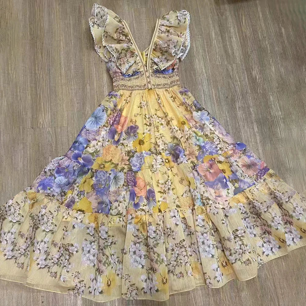 Luxurious Party Folds Design Draped Dress for Women V Neck Flying Sleeve Tunic Floral Printing Vintage Midi Dresses Female