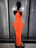 Orange Color Women Sleeveless Sexy Halter Off the Shoulder Bodycon Bandage Long Dress Celebrate Fashion Evening Party Outfit