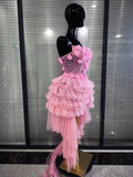 Black Pink Fairy Strapless V Neck Flowers Pearls Mesh Cupcake Mini Trailing Birthday Party Photoshoot Dress Performance Costumes