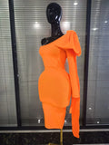 Orange Color Women Long Sleeve One Shoulder Big Bow Bodycon Midi Bandage Dress Elegant Evening Party Birthday Cocktail Wear