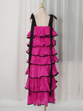 Hit Color Ruffles Cake Maxi Dress for Women Square Collar Off The Shoulder Spliced Bow Evening Temperament Dresses Female