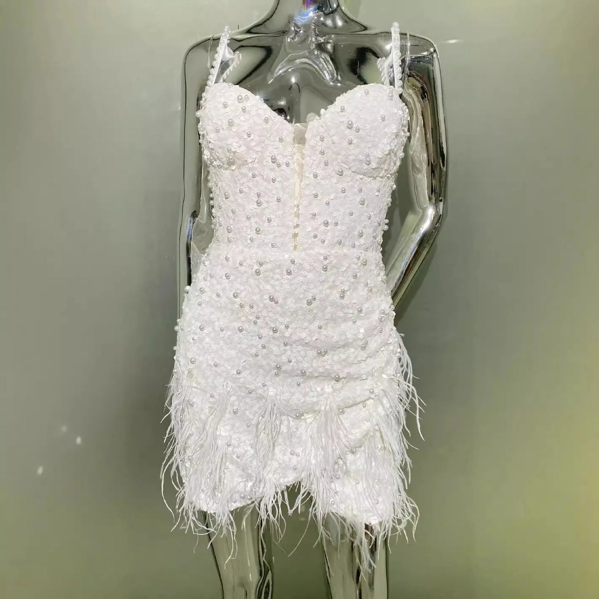 White Sequined Beaded Feather Glam V-Neck Suspender Dress Fashion Hot Party Stage Performance Dress Vestidos Para Festas De Luxo