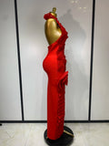Women Sexy Backless Red Ruffled Flower Maxi Long Bodycon Bandage Dress Celebrity Elegant Evening Party Nightclub Birthday Dress