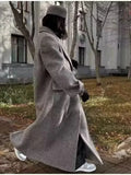 Grey Double-Breasted Long Coat with Notched Lapels