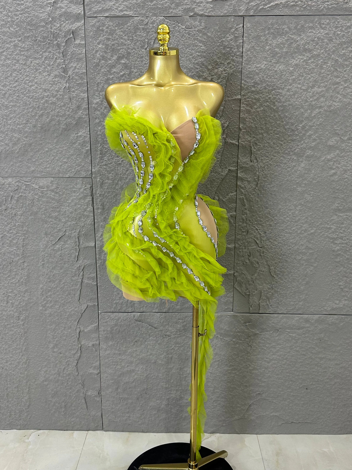Luxury Green Sheer Mesh Ruffle Dress Neck Crystal Rhinestone Trim Cut Out Slim Fit Evening Wedding Guest Cocktail Party Dress