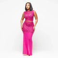 Sexy Mesh Rhinestone Bodycon 2 Pieces Set for Woman Outfits Solid Round Neck Sleeveless Crop Top + Skirt Female Clubwear