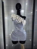 Women Sexy Backless Hollow Out Red Diamond Mini Dress Celebrate Birthday Evening Party Nightclub Singer Shiny Stage Outfit
