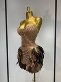 Women Sexy Strapless Sparkly Rhinestone Sequins Mesh See Through Mini Dress Eveing Party Birthday Nightclub Singer Stage Costume