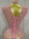 Luxury Sparkly Crystal Diamond Mesh See Through Maxi Long Dress Women Elegant Party Costume Singer Sexy Stage Performance Outfit