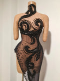 Sparkly Diamond Sexy Black Mesh Asymmetric Bodycon Mini Dress Women Nightclub Bar Party Show Gogo Dancer Clothing Stage Costume