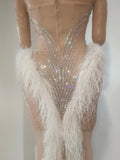 Women Birthday Evening Celebrate Party Nightclub Stage Wear Sexy Sparkly Diamonds Tassel Strapless Mesh See Through Long Dress