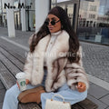 2026 Winter Exclusive Striped Faux Fur Jacket Women Overcoat Brand Blogger Fashion Fluffy Fox Fur Collar Coat Outerwear