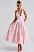 Elegant Pink Halter Jacquard Bow Long Dress Women's Corset Backless High Waist Yellow Dresses Summer Evening Party Wedding Guest