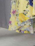 Yellow Floral Print Puff Sleeve Maxi Dress for Women Deep V Neck High Waist Asymmetrical Ruffle Hem Skirt for Garden Parties