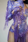 Sexy Skinny Leotard Singer Dancer Show StageWear Sparkly Blue Rhinestones Women DanceCostume Fringes One Shoulder Bodysuit  7G