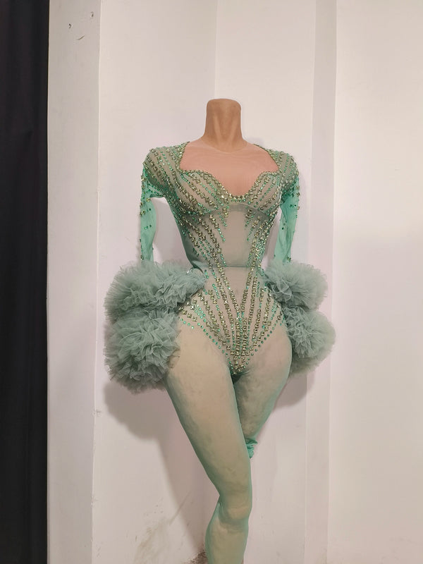 Women Long Sleeves Mesh Stretch Jumpsuit Celebrity Evening Party Nightclub Bar Sexy Sparkly Rhinestone Stage Performance Outfit