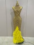 Luxury Sparkly Red Rhinestones Feather Sexy Mesh See Through Long Dress Women Birthday Evening Nightclub DJ Dancer Stage Costume