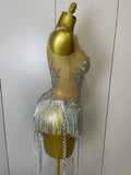 Sliver Sequins Shining Diamonds Sexy Mesh Long Tassel Bodysuit Women Nightclub Party Birthday Stage Performance Costume