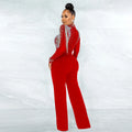 Women's Sheer Diamonds Tassel Jumpsuit See-through High Collar Hot Diamond Shoulder Padded Long Sleeved Party Jumpsuit