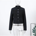 Women Woven Patchwork Napoleon Jacket Shoulder Pad Long Sleeve Hook Closure Street Blazer 2026 Spring Chic Casual Edgy Crop Coat