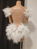 Elegant Off The Shoulder White Mesh See-Through Mini Dress Eveing Party Birthday Sexy Sparkly Rhinestone Nightclub Stage Costume