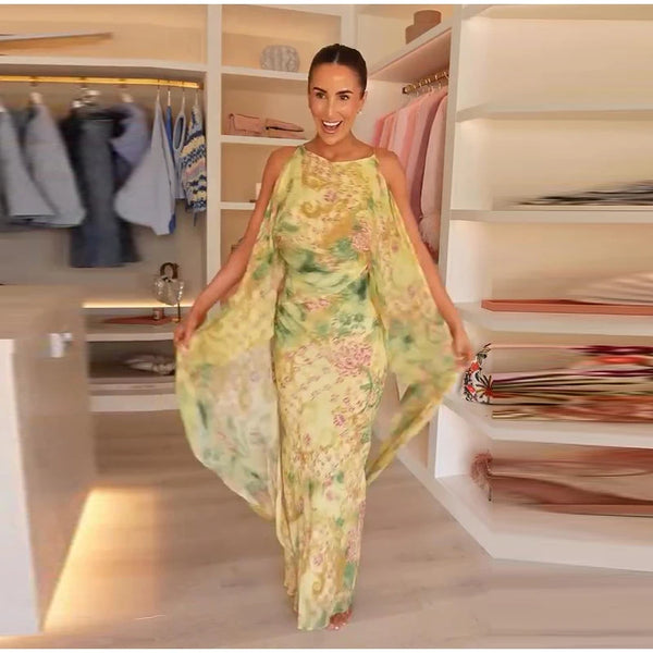 Elegant Women's Printed Sling Long Dress Slim Sleeveless Backless Ribbon Fishtail Dresses 2026 Summer Lady Beach Holiday Robes