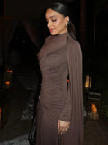 Irregular Brown Lace Uppleated Maxi Dresses Elegant Women's Full Sleeve Slim Fit Patchwork Robes 2025 New Evening Party Gowns
