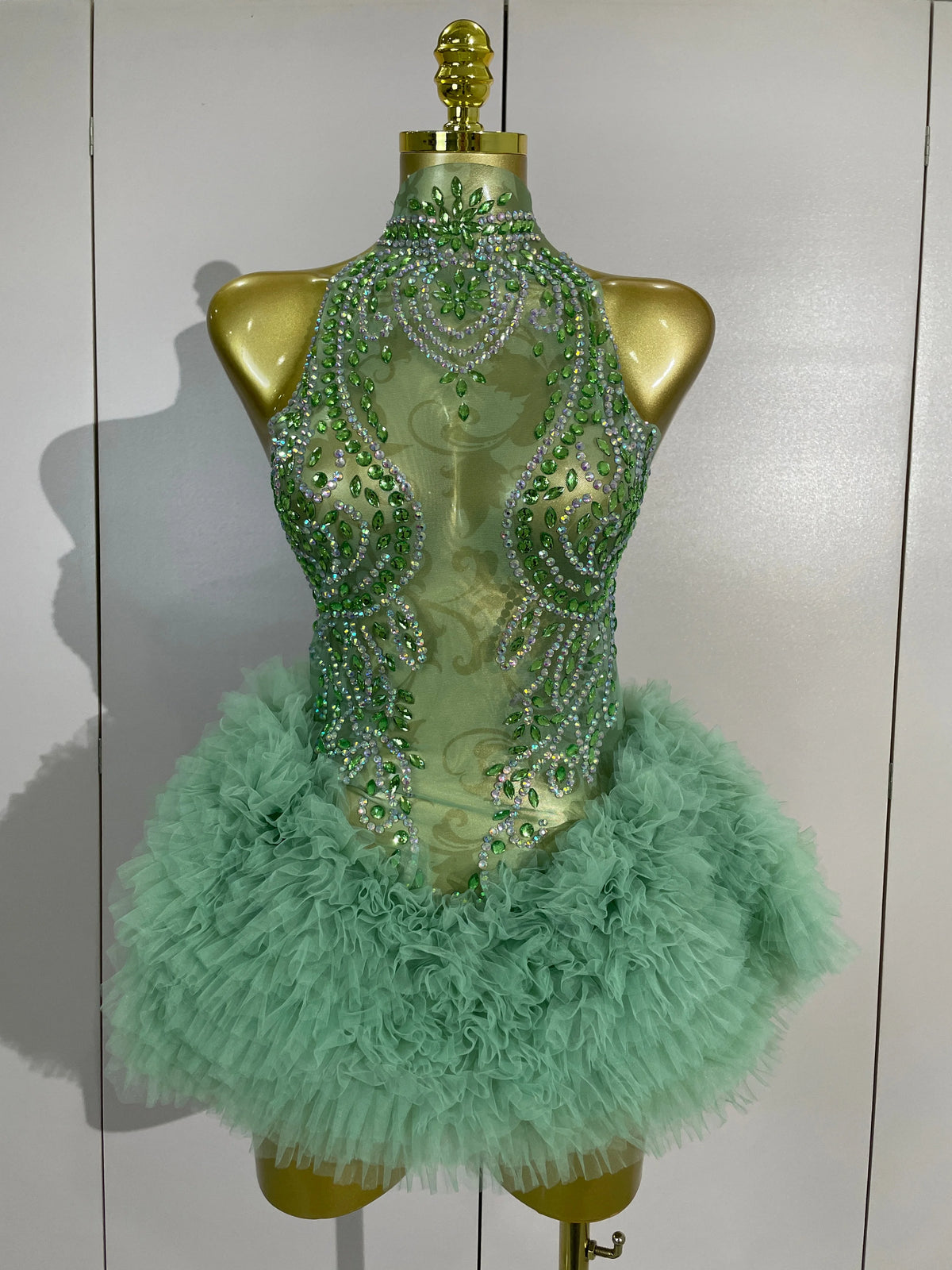 Women Birthday Party Costume Bar Nightclub Singer Sexy Stage Performance Outfit Sparkly Green Diamonds Mesh See Through Bodysuit