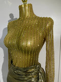 Women Sparkly Rhinestone Birthday Evening Party Nightclub Team Stage Show Costume Sexy Mesh See Through Long Sleeves Mini Dress