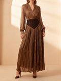 French Retro Vacation Dress for Women V Neck Lantern Sleeve Spliced Bead Square Scarf Tunic Temperament Long Dresses Female