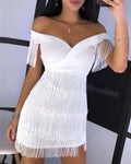 New Winter Women Solid Slash Neck Sleeveless Dress Empire Tassel Sheath Mini Dress Sexy Night Club Wear Bandage Dresses LZR3399