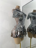 Sexy Women Short Sleeve Sparkly Sequins Stage Dress Luxury Evening Party Nightclub Performance Costume Stage Wear