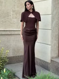 Satin Mermaid Maxi Dress Women Shoulder Pad Cutout Stand Collar Ruched Bodycon Evening Gown Wedding Prom New Hot Luxe Gowns 2026