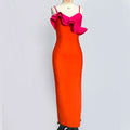 New Fashion Orange Color Women Sleeveless Sexy V-Neck Ruffles Bodycon Mid-calf Bandage Dress Birthday Celebrate Party Dress