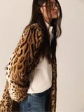 Leopard Print Faux Fur Long Coat Women Plush Belted Waist V Neck Loose Fit Thick Maxi Coats Warm Winter Elegant Luxury Outerwear
