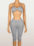 Wild Vacation 2 Piece Set Women Polka Dot Print Halter Tank Tops+Bike Shorts Stretch Matching Street Party Outfits
