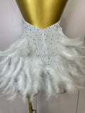 Women Luxury Rhinestones Pearls Feathers Halter Backless Short Dress Women Sexy Celebrate Birthday Dress Nightclub Stage Costume