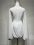 White Loose Spliced Folds Chic Dresses for Women O Neck Long Sleeve Beach Vacation Dress Female Summer Fashion New