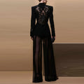 New Fashion 2026 Spring Women's Mesh Splicing Bead Sequin Blazer Wide Legs Chiffon Pants Set Suit Outfit