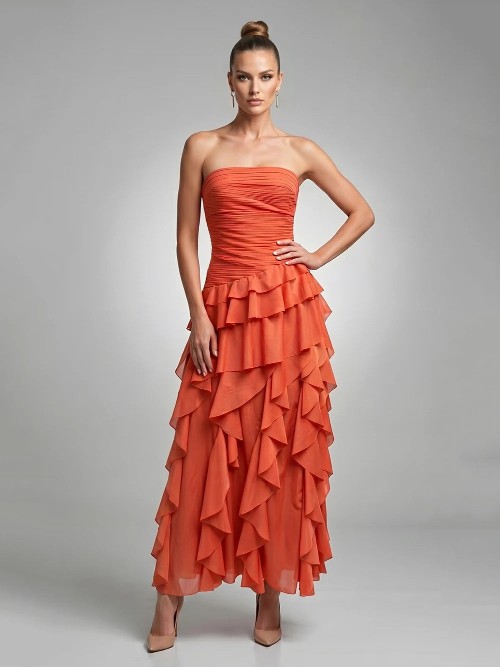 Solid Spliced Ruffles Elegant Dresses For Women Strapless High Wasit Backless Loose Dress Female Fashion