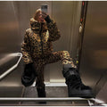 Fashion Leopard Print Ski Suit Women Stand Collar Hooded Zipper Coat Chic Slim Pants 2026 Winter Warm Casual Sport Windproof Set