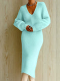 Women Knit Midi Dresses V Neck Bubble Sleeve Fuzzy Bodycon Elegant Party Daily Outfit Autumn 2026