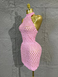 Pink Halter Neck 3D Scale Shell Sequin Mesh MiniDress Women Sheer Bodycon Short Dress For Club Night Out Cocktail Party