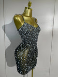 Women Evening Party Luxury Birthday Nightclub Stage Performance Wear Sexy Mesh See Through Sparkly Rhinestone Mini Bodycon Dress