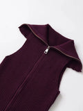 Solid Minimalist Basics Vest for Women Lapel Sleeveless Patchwork Double Zipper Slim Casual Knitted Tank Top Female