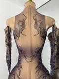 Sparkly Crystals Women Sexy with Sleeves Stretch Mesh See Through Jumpsuit Nightclub Stage Wear Performance Dance Costume
